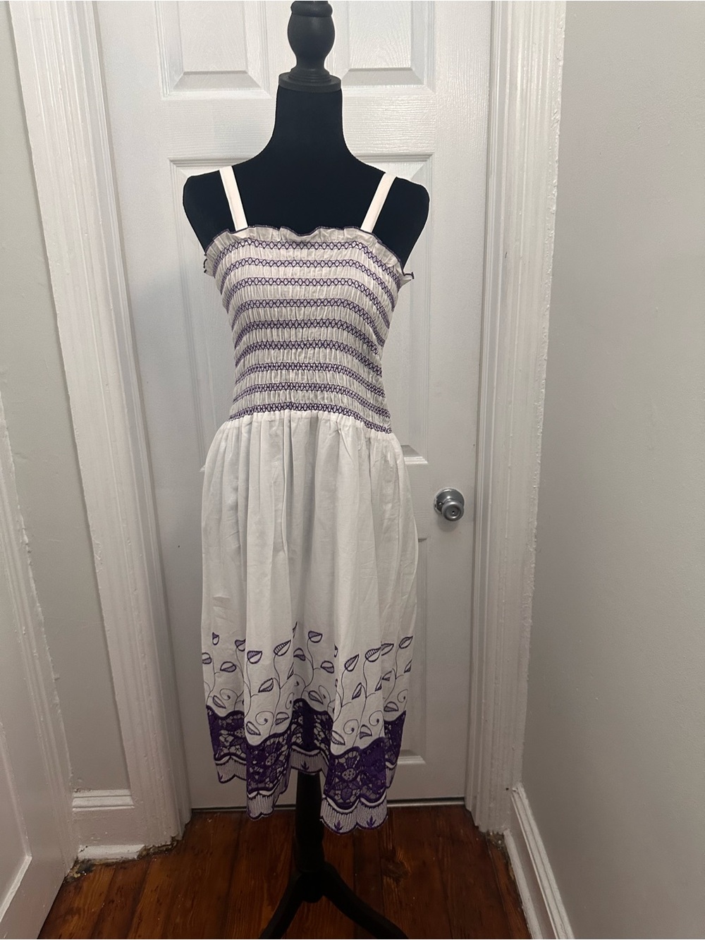 Magic White and Purple Smocked Midi Sundress